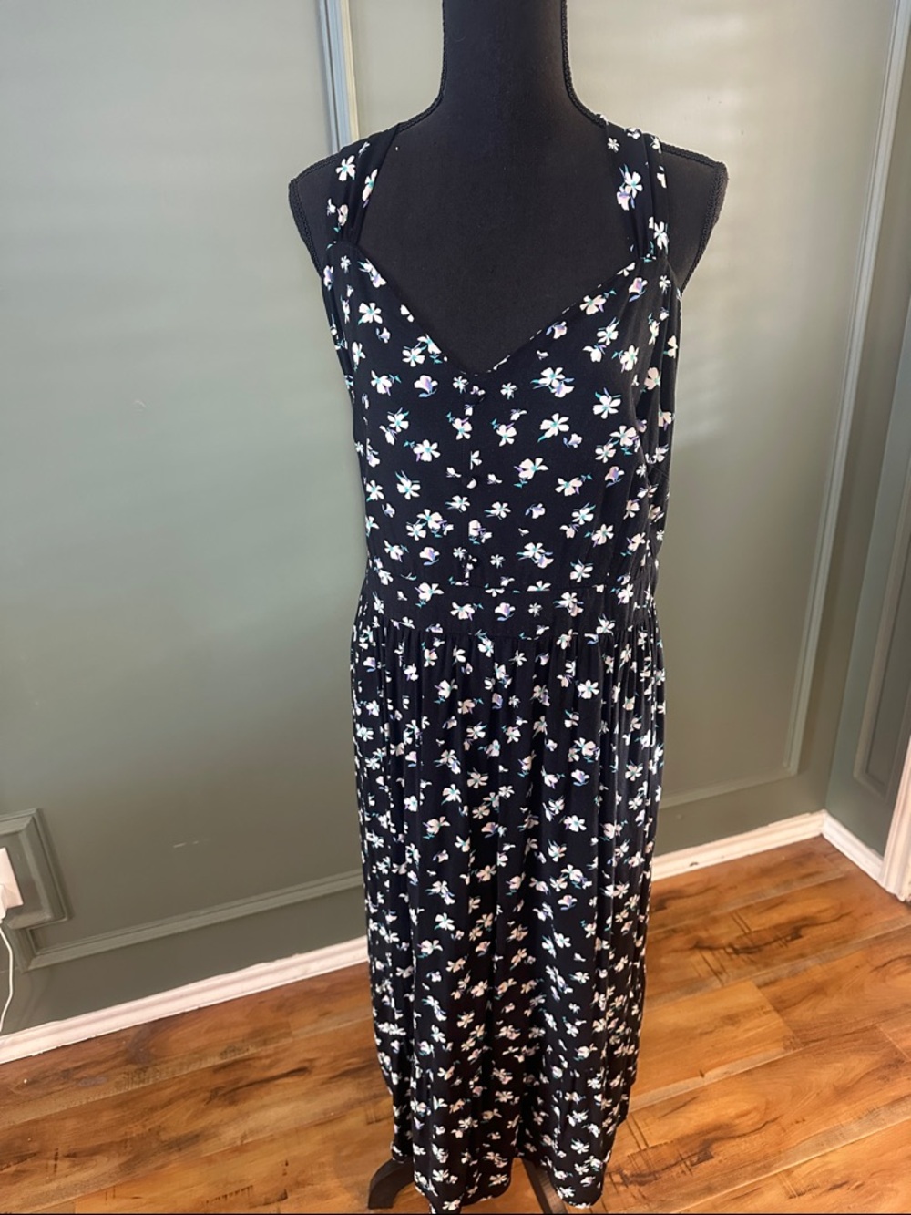 Black Floral Midi Dress with White & Light Blue Blossoms